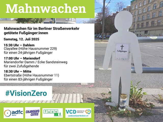 Bild mit einer Übersicht der Standorte und Uhrzeiten für die 3 Mahnwachen am 12.7.25, mit der Aufstellfigur für im Straßenverkehr ums Leben gekommene zu Fußgehende