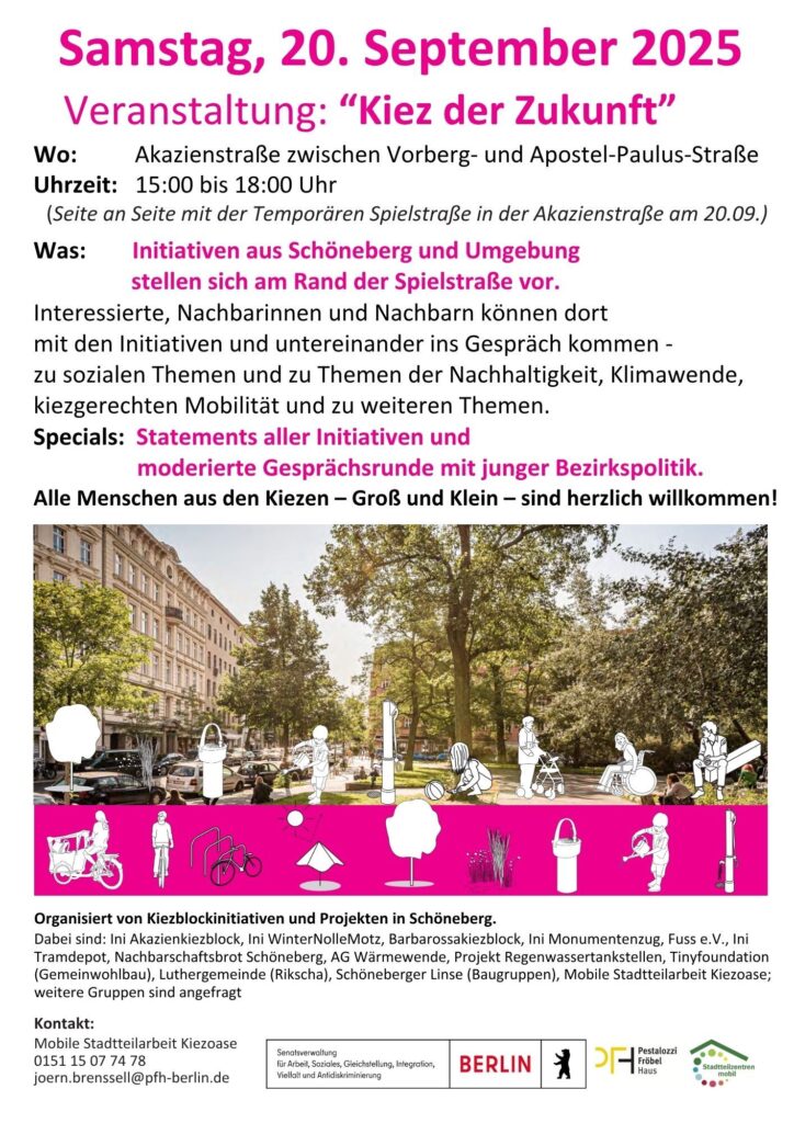 Übersicht mit Inhalten, Ort und Zeiten der Veranstaltung "Kiez der Zukunft" am 20. September 2025
