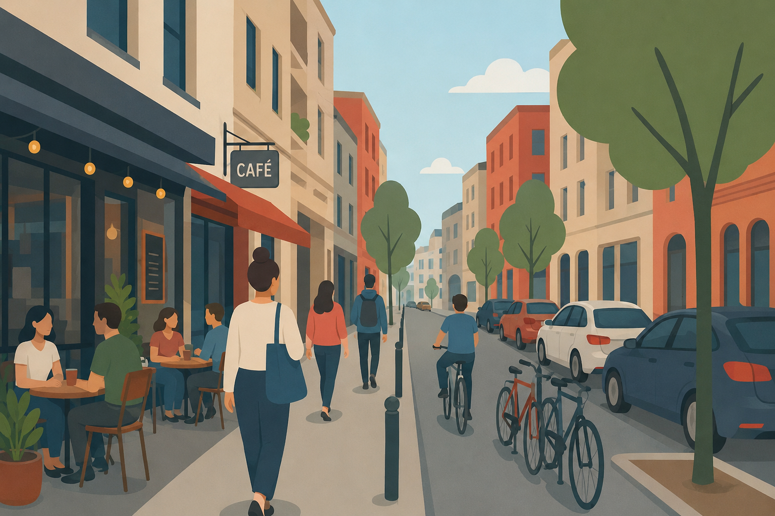 illustration people walking on a sidewalk with outdoor tables