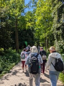 Gruppe von Spaziergänger:innen von hinten