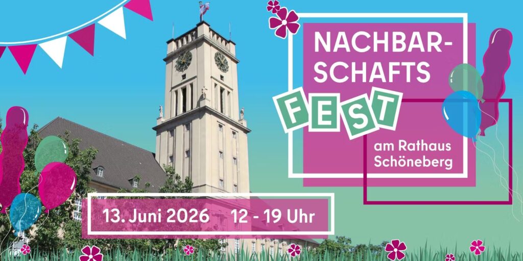 Titelbild des Nachbarschaftsfests 2026, auf dem das Rathaus Schöneberg zu sehen ist