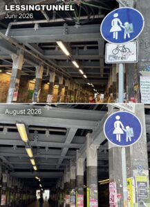 Lessingtunnel Foto: oben Gehweg mit Rad frei, unten Rad frei wurde entfernt