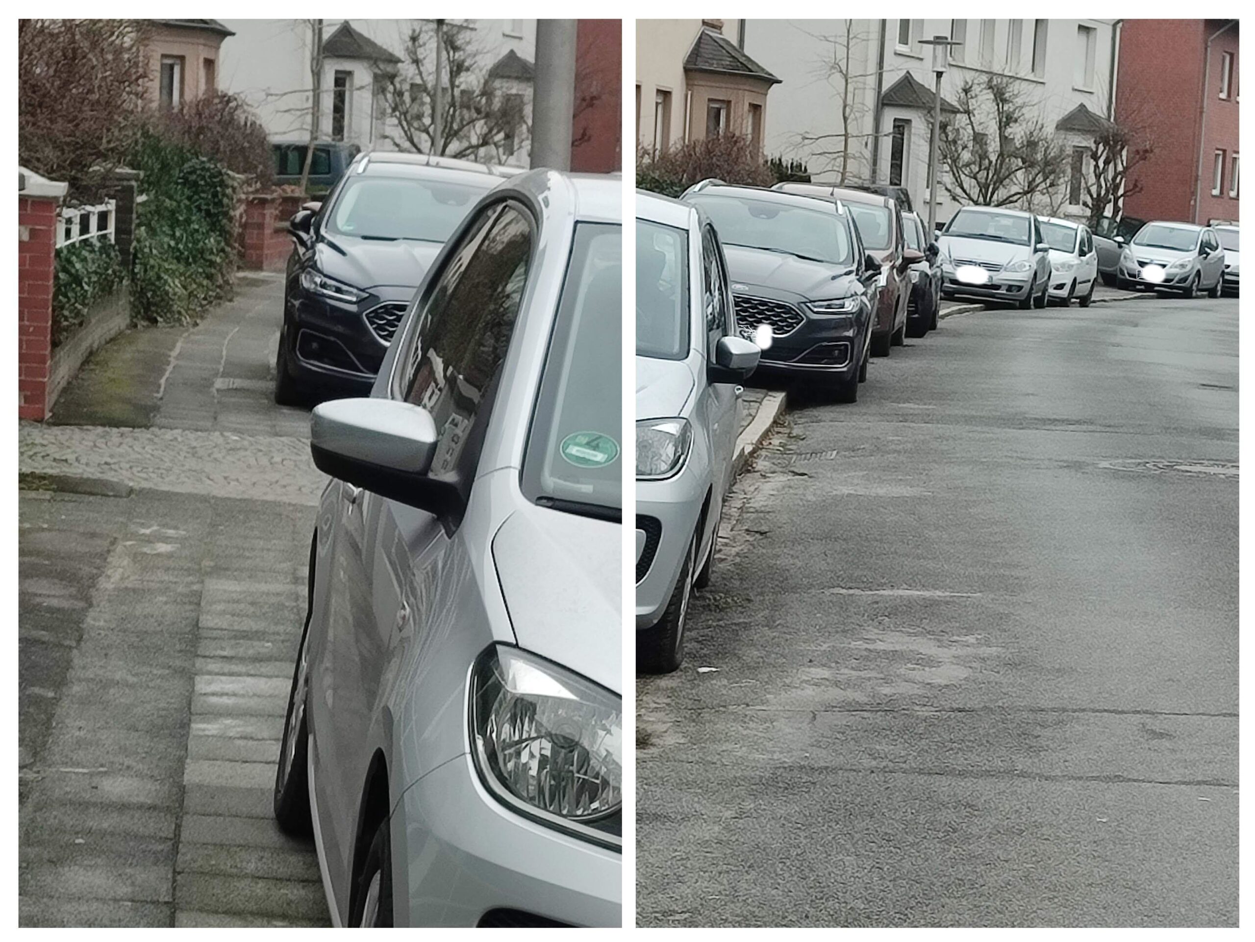 Mehrere Fahrzeuge parken auf dem Gehweg und lassen nur einen schmalen Restweg. Die Szene zeigt typische Abendbedingungen.