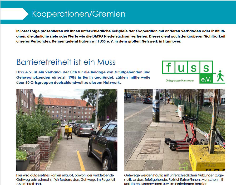 Foto einer Seite der Ausgabe 2-2024 der Mitgliederzeitschrift WIR der Deutschen Multiple Sklerose Gesellschaft (DMSG), Landesverband Niedersachsen e.V. , wo ir FUSS e.V. vorgestellt haben.
