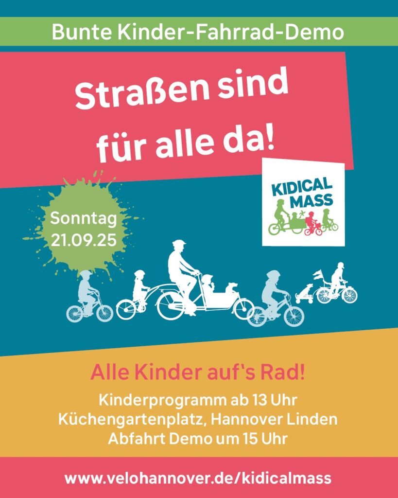 Flyer: Einladung zur Kidical Mass am 21.9.2021, Küchengartenplatz Hannover Linden. Ab 13 Uhr Kinderprogramm, ab 15 Uhr Fahrrad-Demo