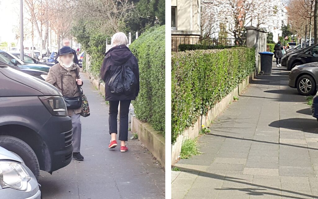 Kollage aus zwei Fotos, links: Auf dem Gehweg in der Petersbergstraße können Zufußgehende nicht aneinander vorbeigehen, weil dort Autos aufgesetzt parken und den Weg versperren; rechts: Der Gehweg in der Petersbergstraße wird durch aufgesetzt parkende Autos und Mülltonnen eingeengt. ©Anne Grose
