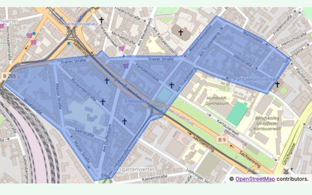 Ausschnitt des Kölner Stadtplans mit einer transparent-blauen Fläche, die das Untersuchungsgebiet anzeigt.