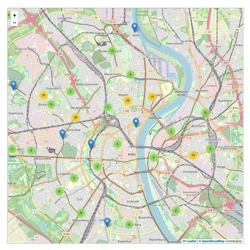Ausschnitt einer Straßenkarte von Köln mit Markierungen von Gefahrenstellen für Fußgänger