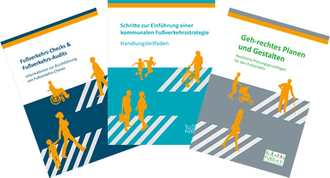 Cover von drei Fachbroschüren zu kommunalen Fußverkehrsstrategien