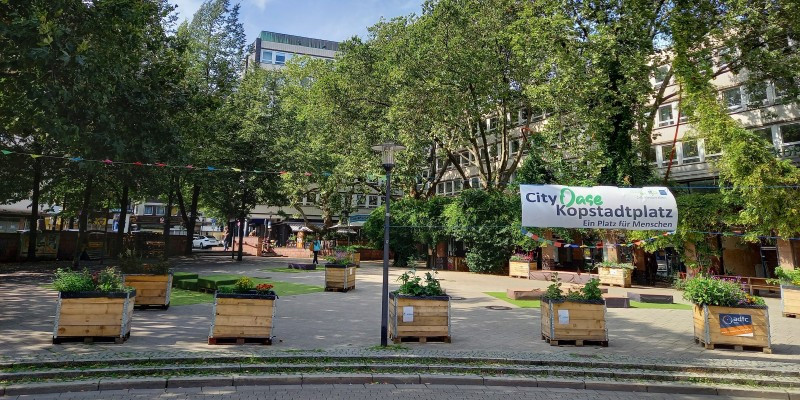 Kopstadtplatz Essen: Autofreier Platz unter Bäumen mit Pflanzkübeln und Platz für Menschen