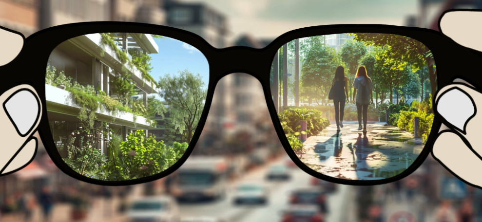 Vor einer autogerechten Stadt schaut man durch eine Brille und sieht die Vision einer Stadt mit viel grün und Platz für Menschen