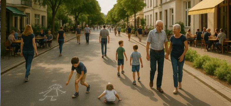 eine Fußgängerzone mit viel Begrünung, Platz zum Gehen, Straßencafés, Kinder spielen, ältere Menschen gehen spazieren