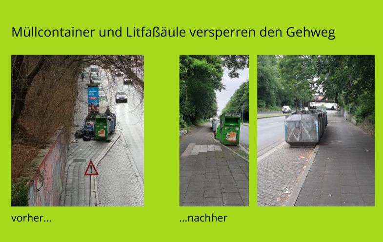 Müllcontainer und Litfaßäule versperren den Gehweg