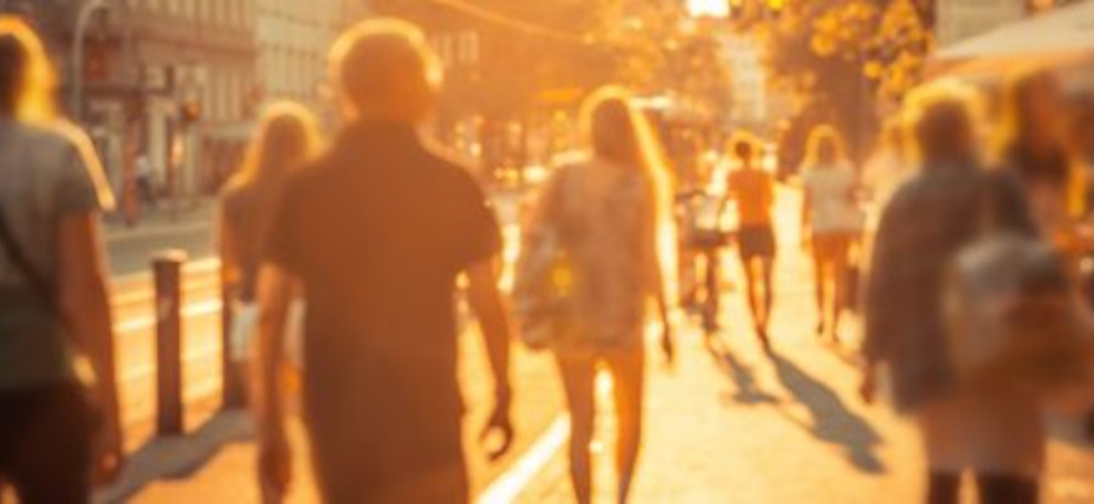 Menschen laufen an einem heißen Sommertag im Sonnenuntergang auf dem Gehweg