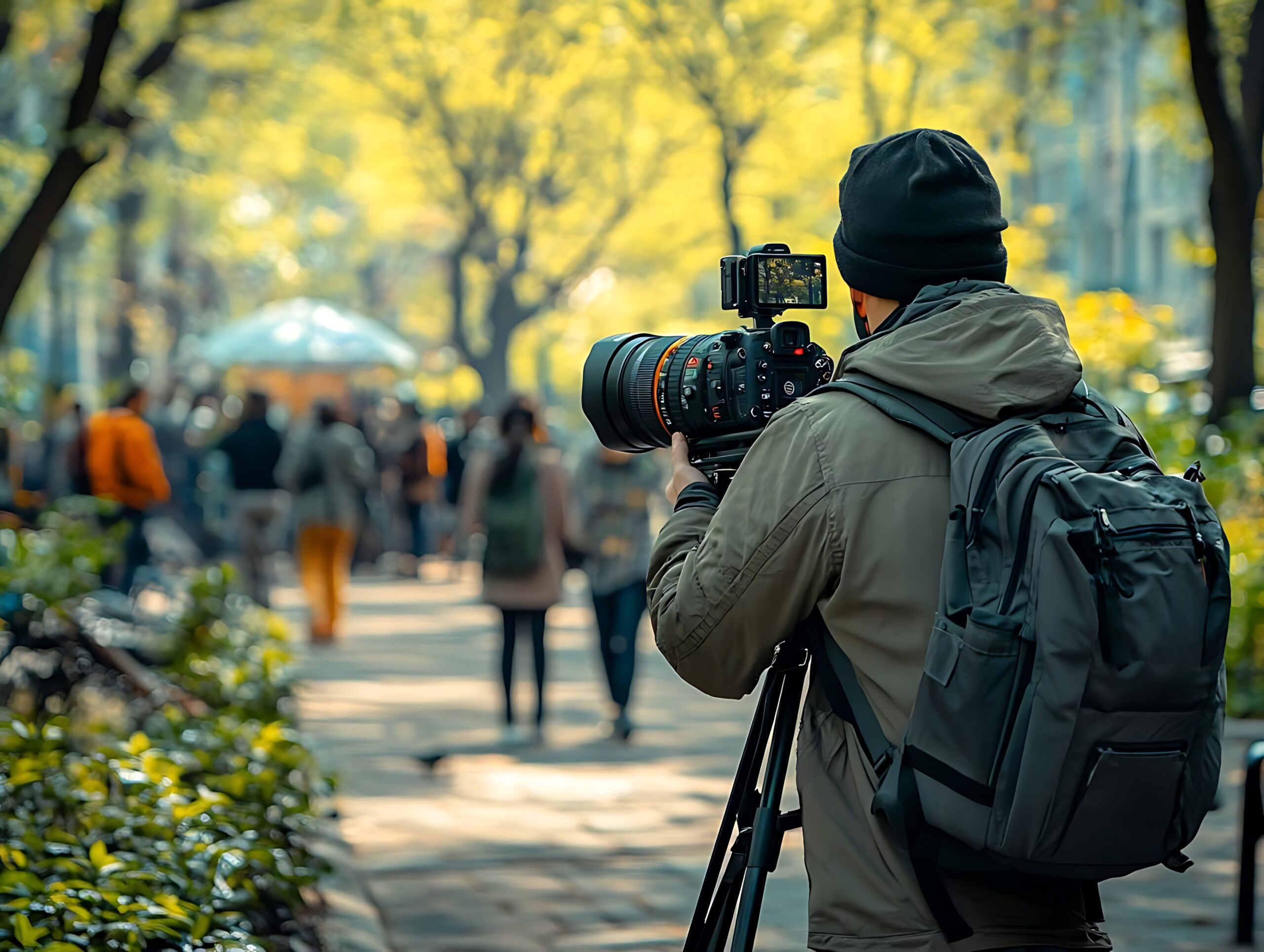 Kameramann filmt Fußgänger auf breitem begrünten Gehweg in der Stadt