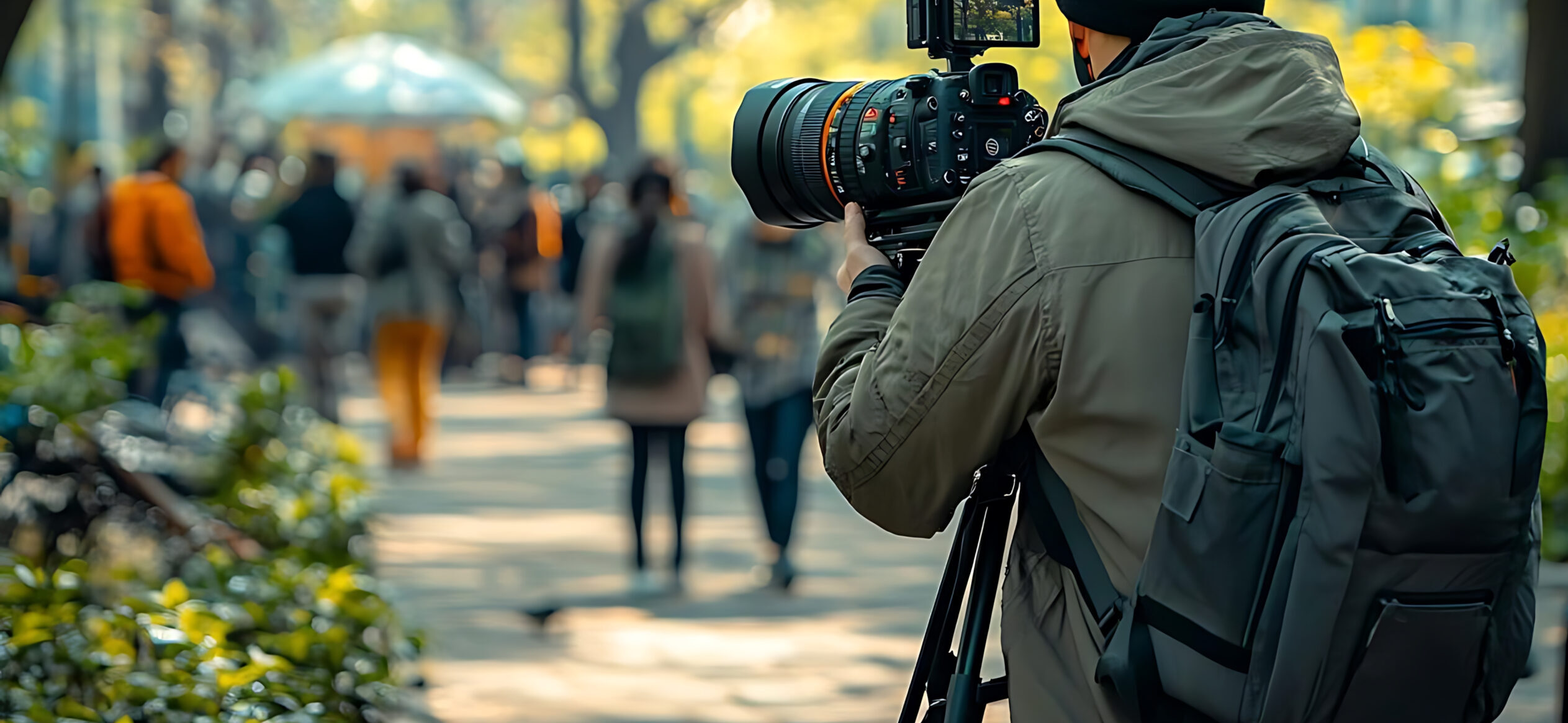 Kameramann filmt Fußgänger auf breitem begrünten Gehweg in der Stadt