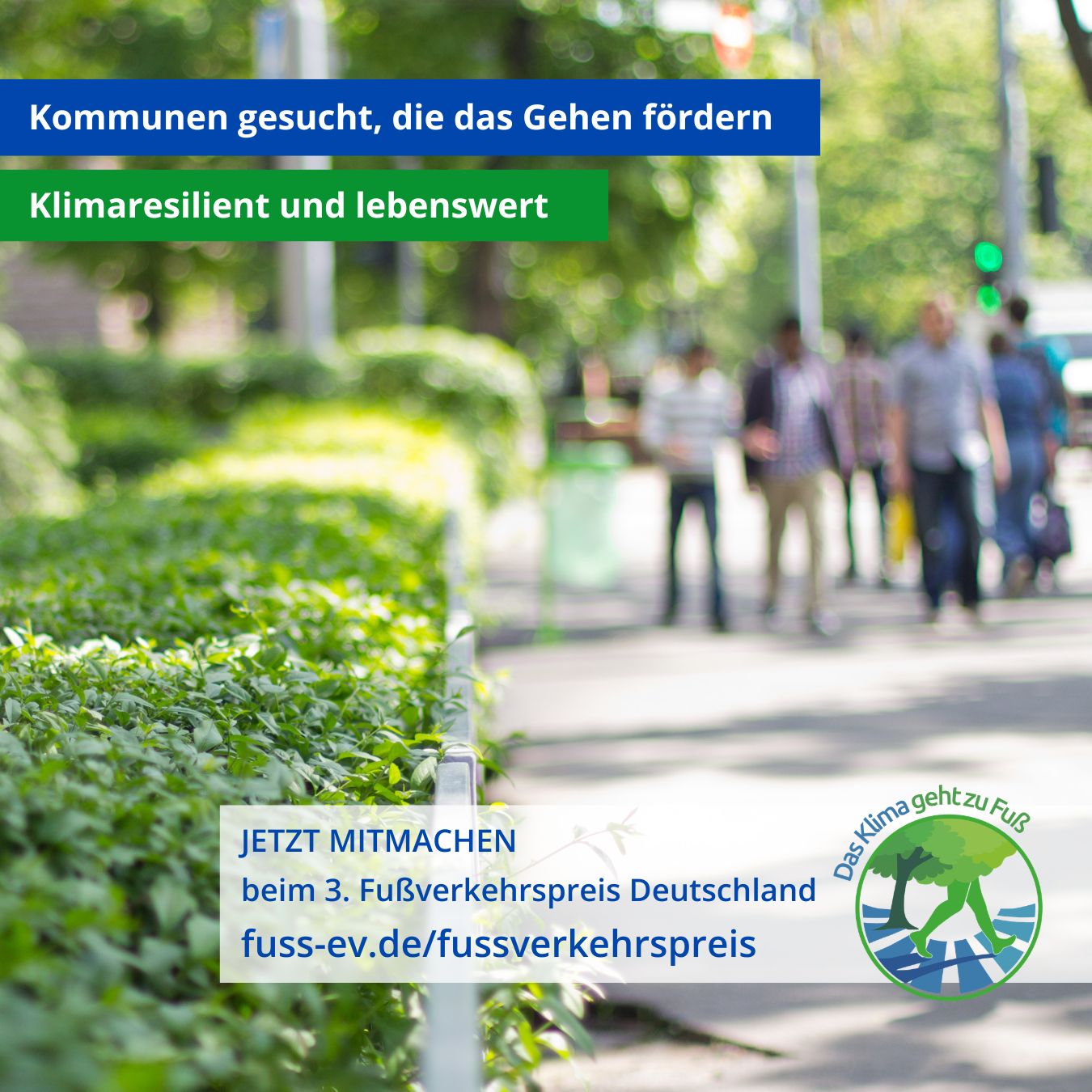 Kommunen gesucht, die das Gehen fördern. Klimaresilient und lebenswert. Jetzt mitmachen.