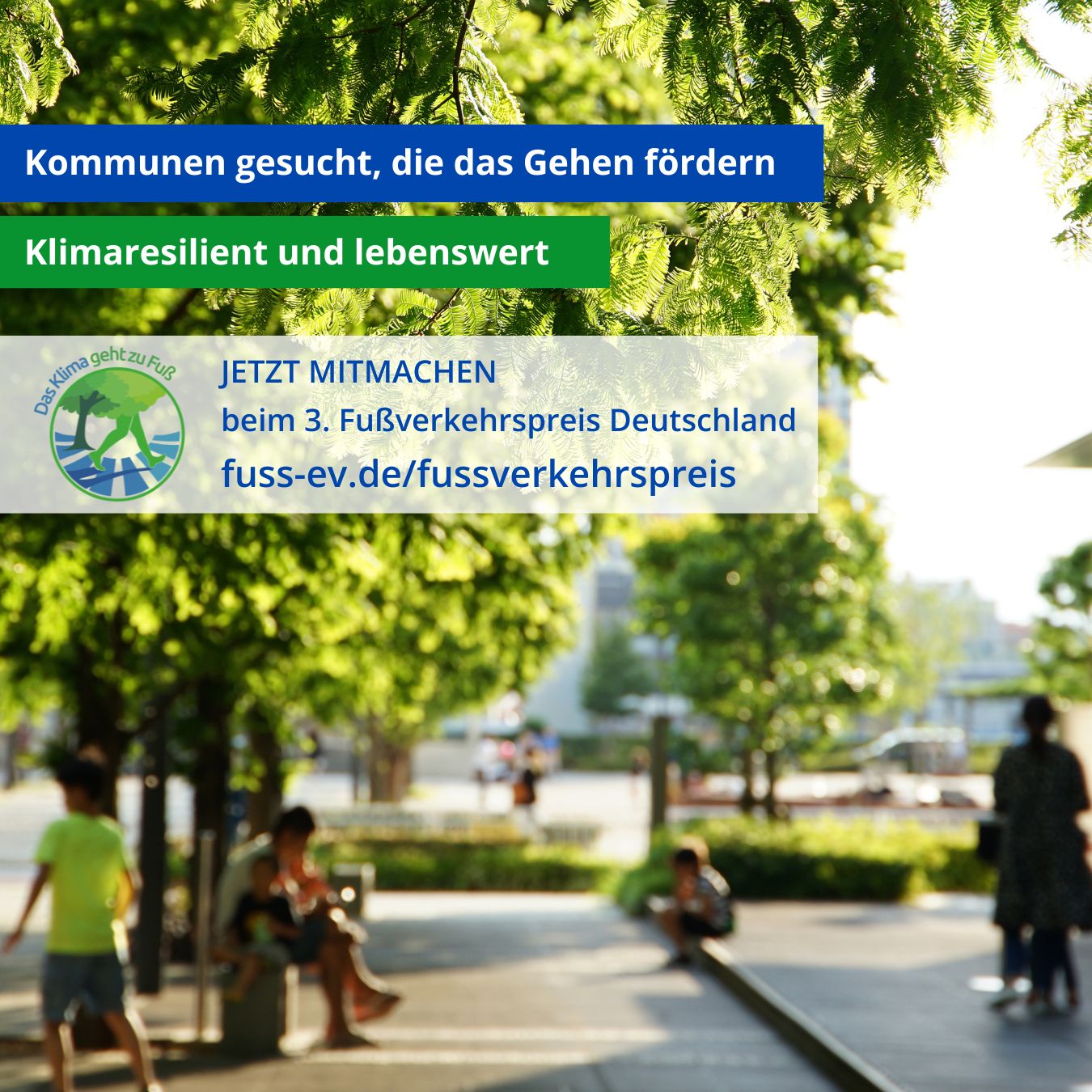 Kommunen gesucht, die das Gehen fördern. Klimaresilient und lebenswert. Jetzt mitmachen.