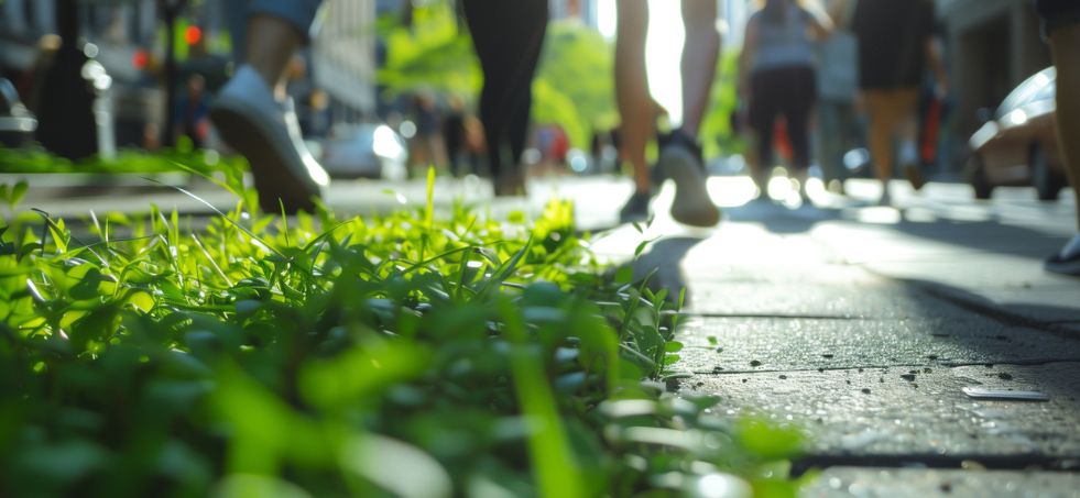 Nahaufnahme eines Gehwegs: Gras wächst durch die Gehwegplatten, Menschen laufen über den Gehweg